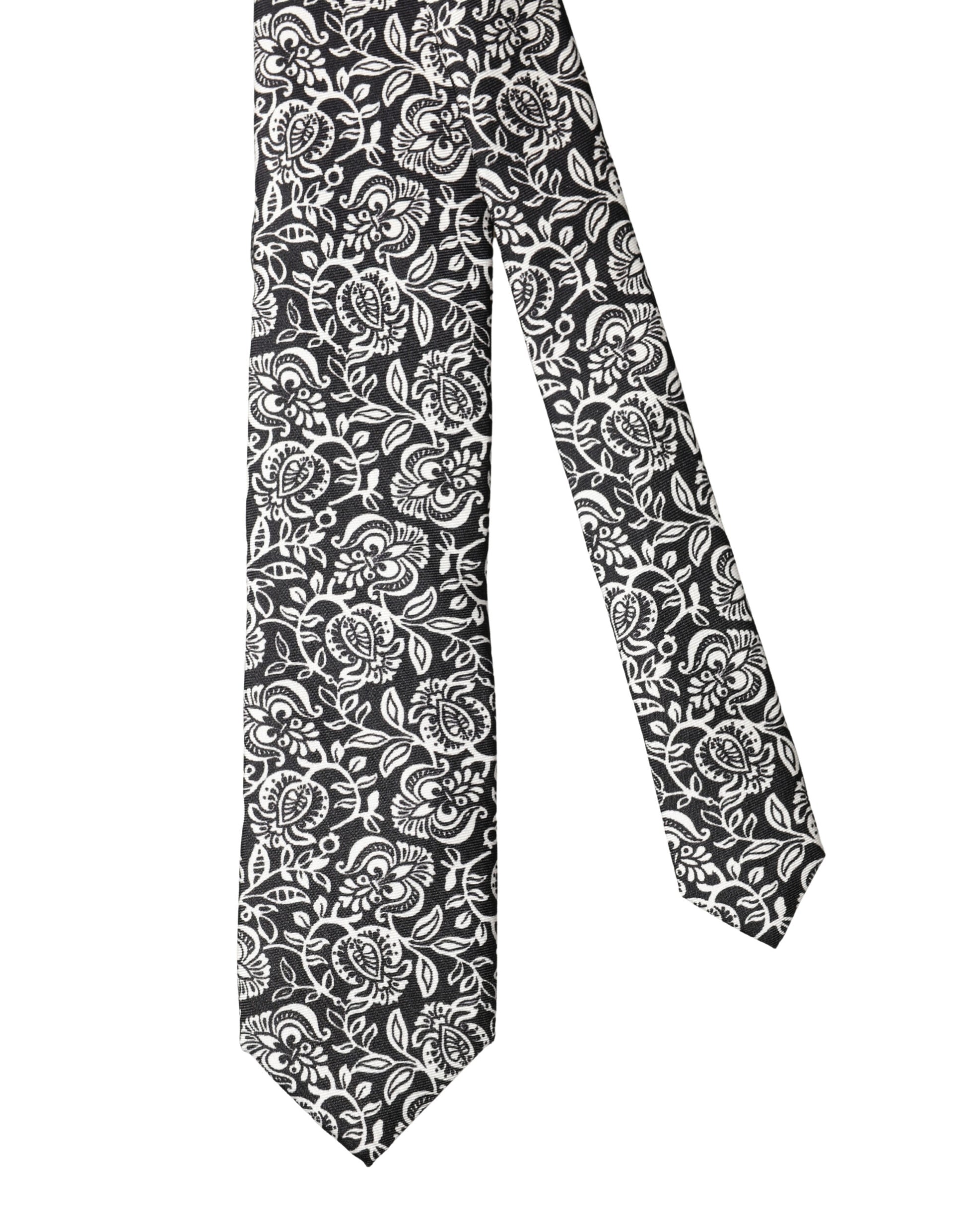 Dolce & Gabbana Black White Floral Fantasy Silk Adjustable Necktie