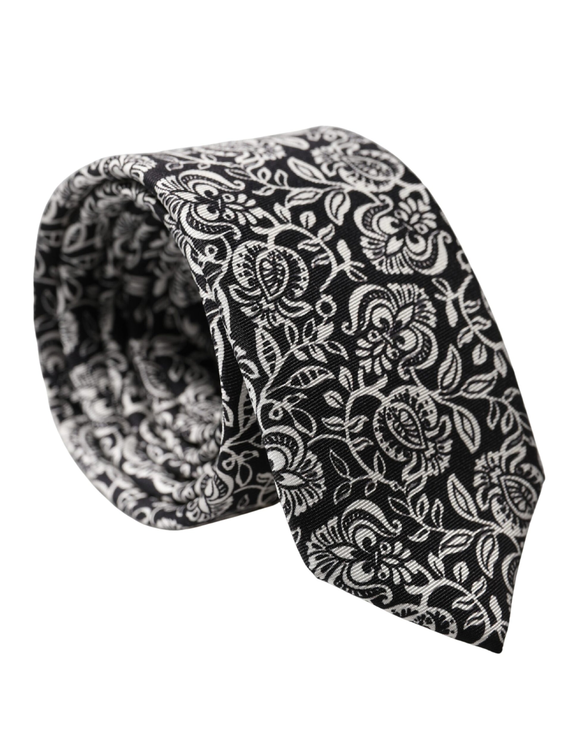 Dolce & Gabbana Black White Floral Fantasy Silk Adjustable Necktie