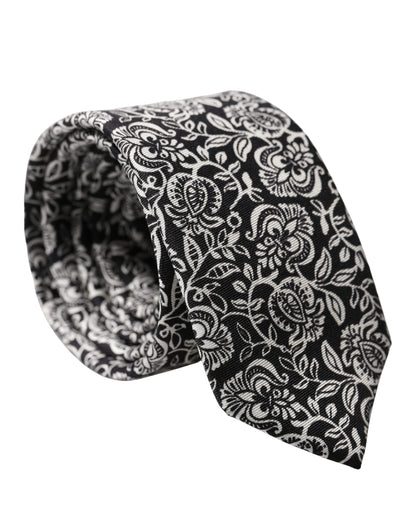 Dolce & Gabbana Black White Floral Fantasy Silk Adjustable Necktie