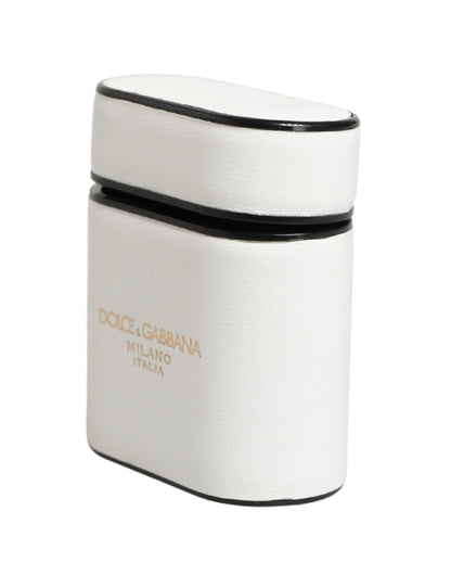 Dolce & Gabbana White Calf Leather Logo Print Flip Holder Airpods Case
