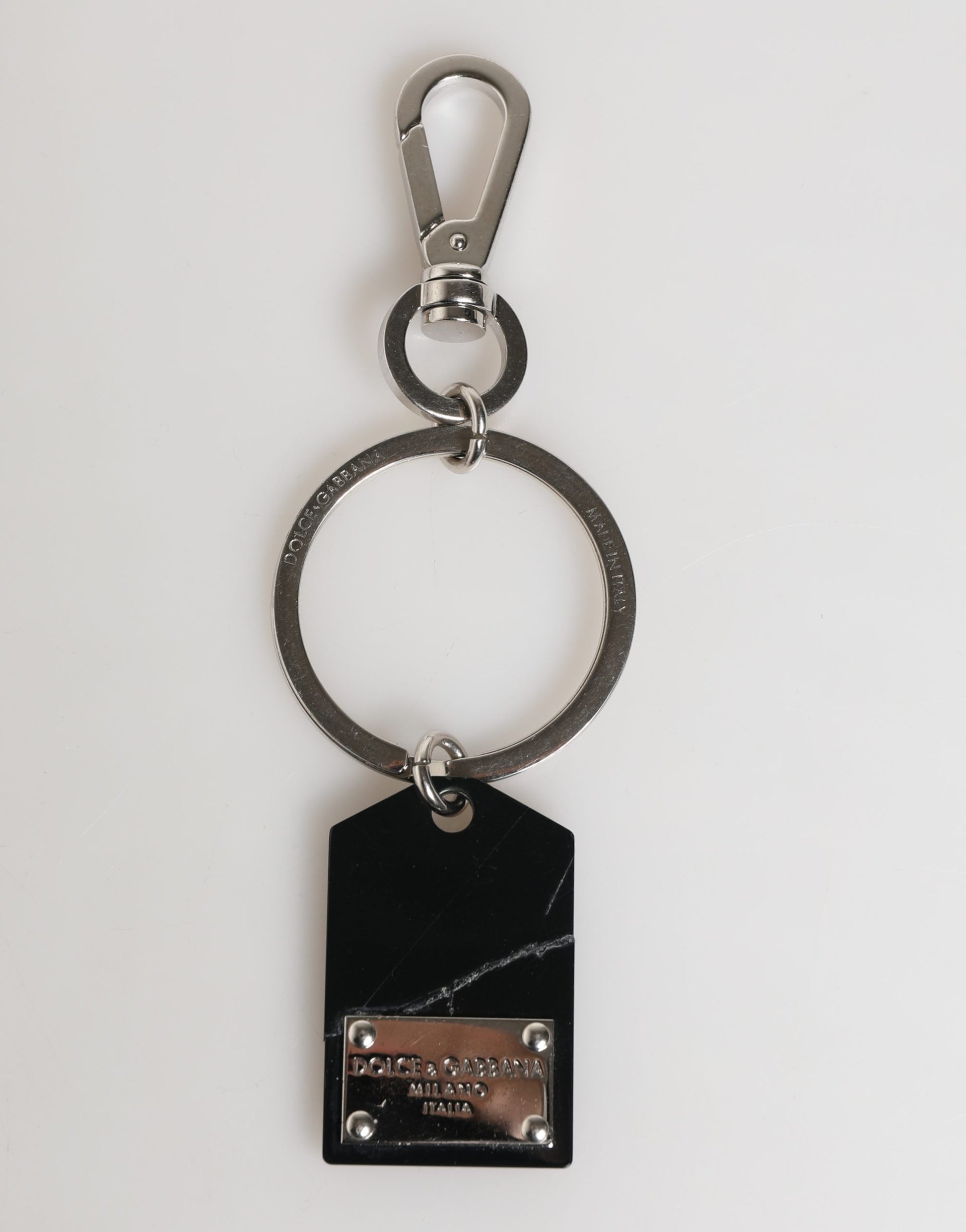 Dolce & Gabbana Black Silver Brass LogoPlaque Metal Ring Keyring  Keychain