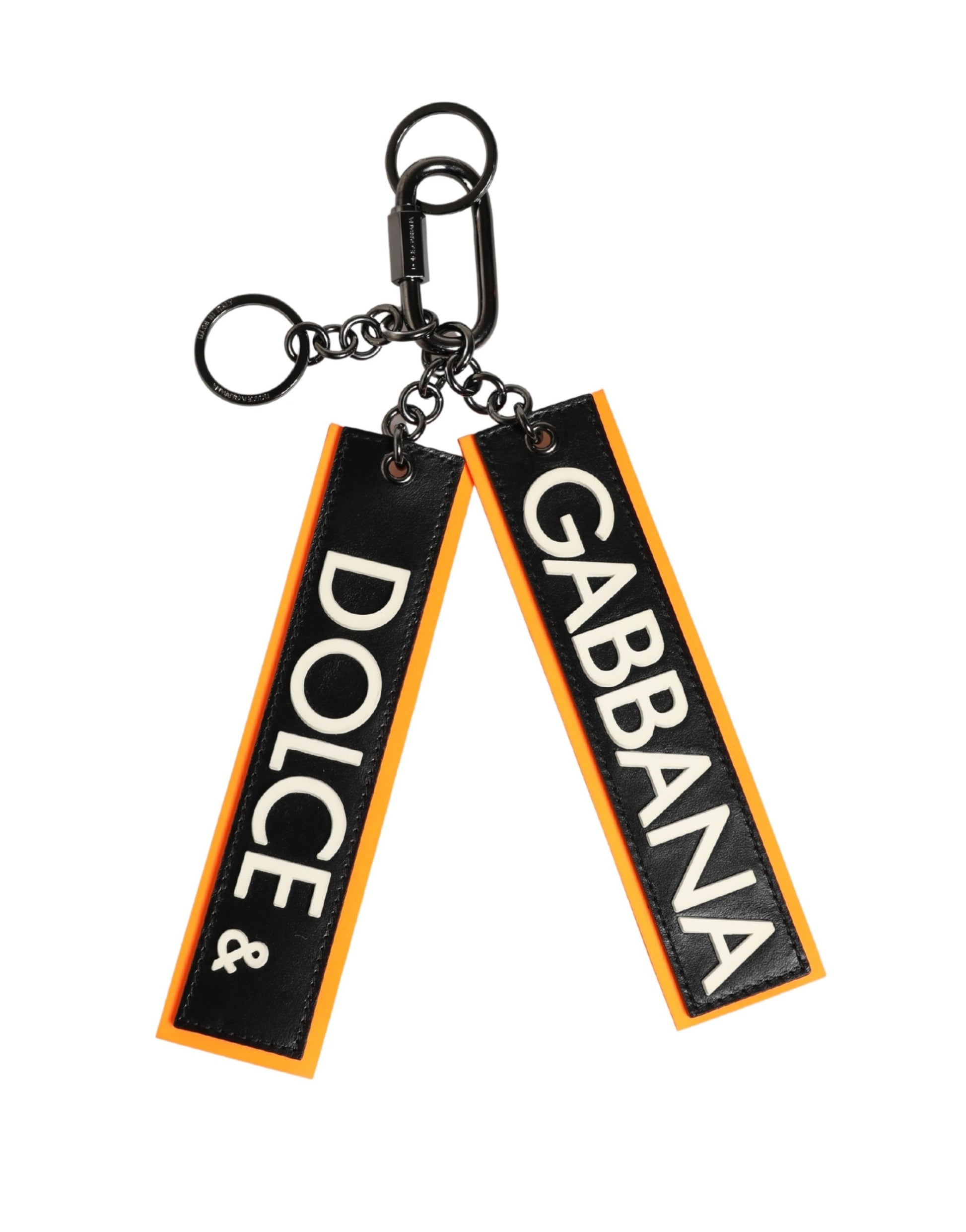Dolce & Gabbana Black and White Leather Nylon Logo Ring Keyring Keychain