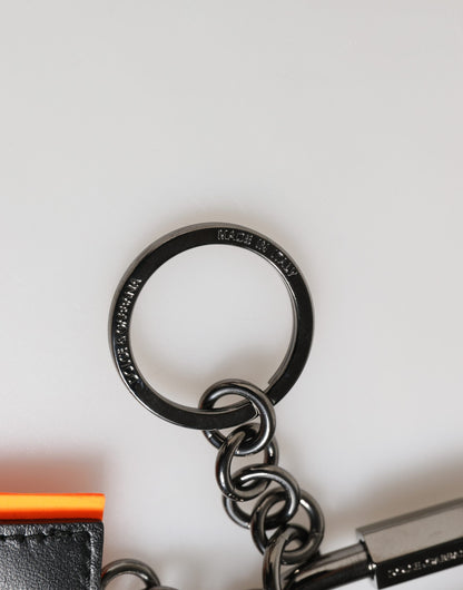 Dolce & Gabbana Black and White Leather Nylon Logo Ring Keyring Keychain