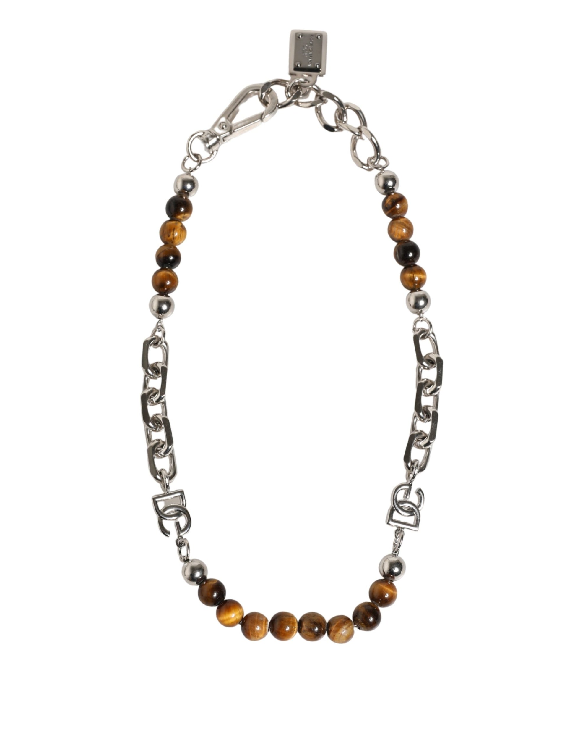 Dolce & Gabbana Silver Tone Brass Chain Beaded Gem DG Logo Bracelet