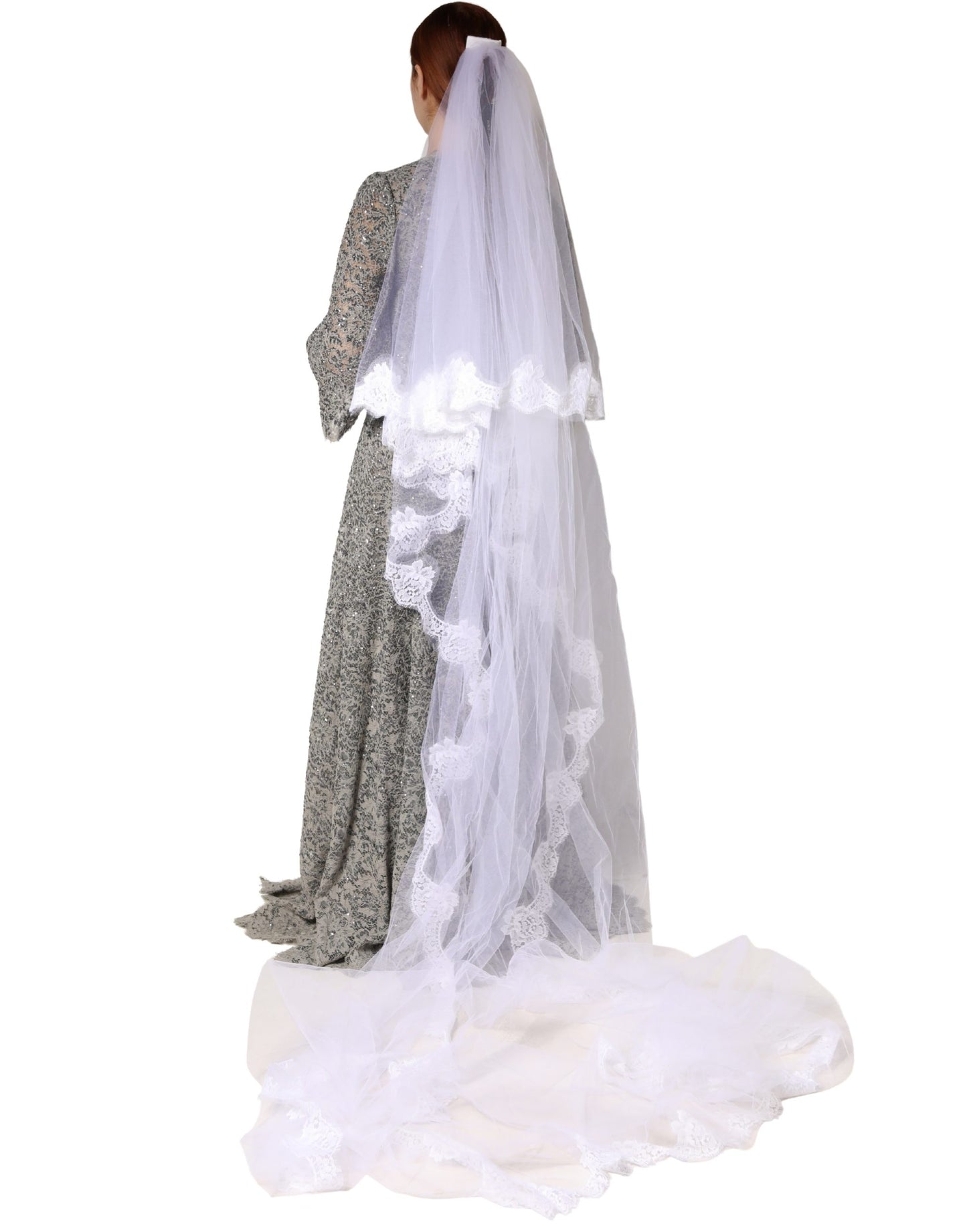 Dolce & Gabbana White Floral Lace Nylon Floor Length Veil
