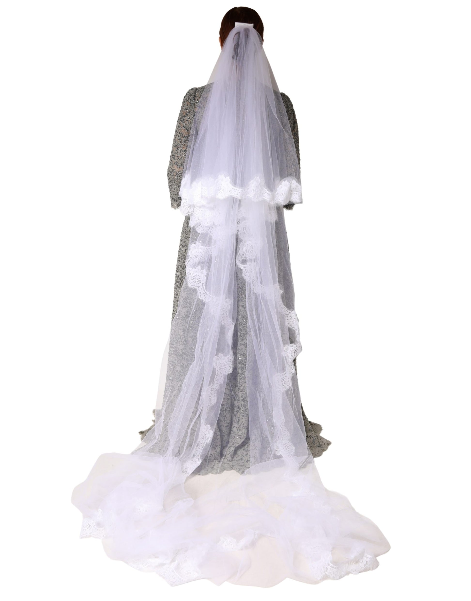 Dolce & Gabbana White Floral Lace Nylon Floor Length Veil