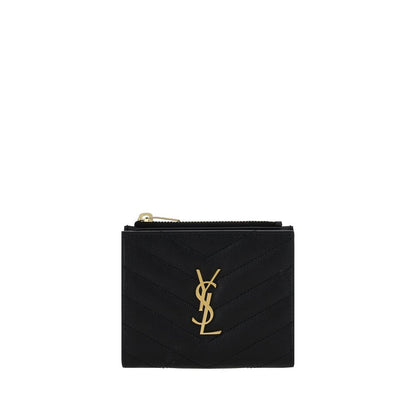 Saint Laurent Black Leather Cassandre Matelassé Bi-Fold Compact Wallet