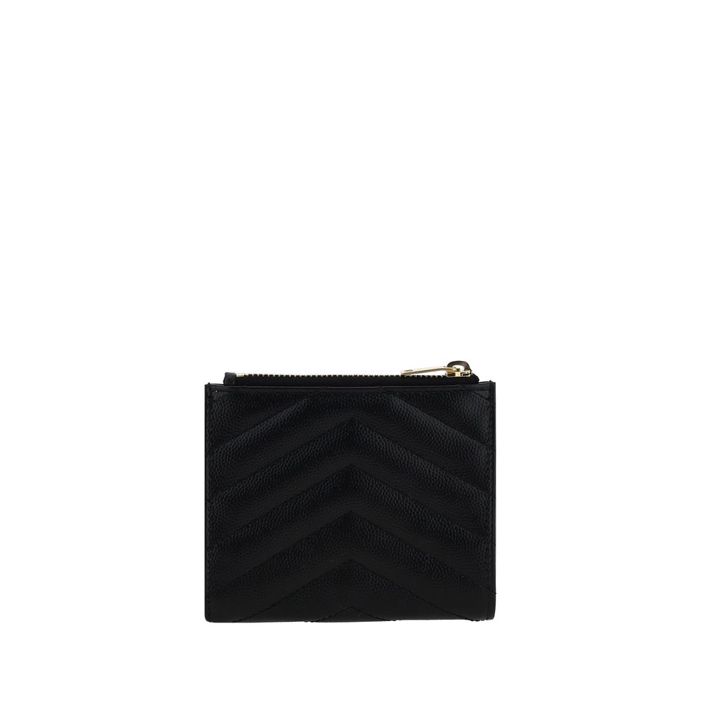 Saint Laurent Black Leather Cassandre Matelassé Bi-Fold Compact Wallet