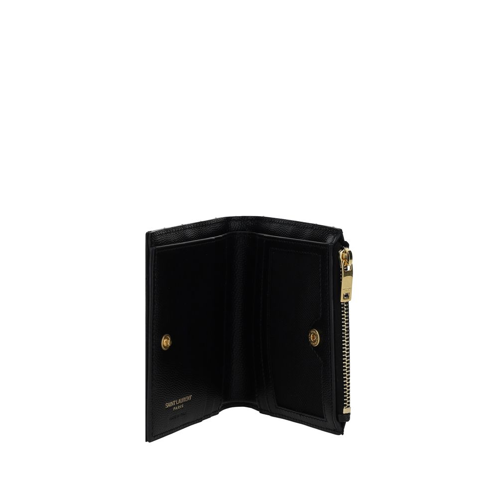 Saint Laurent Black Leather Cassandre Matelassé Bi-Fold Compact Wallet