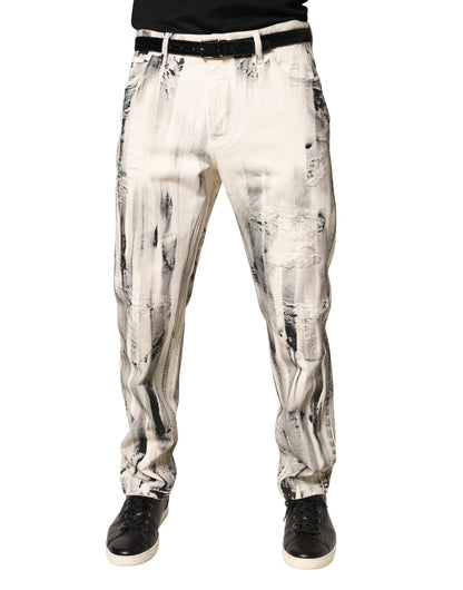 Dolce & Gabbana White Distressed Paint Print Loose Denim Jeans