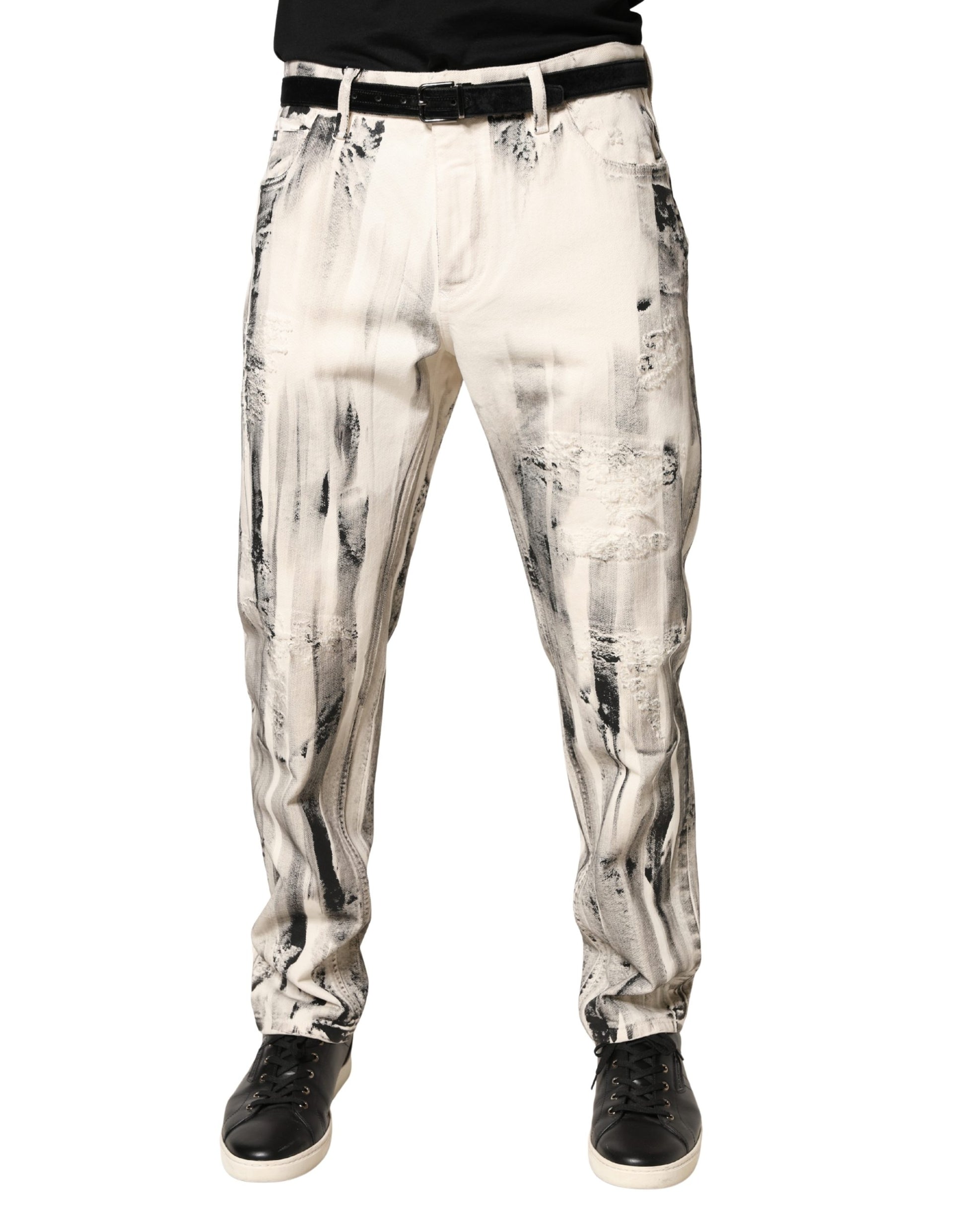 Dolce & Gabbana White Distressed Paint Print Loose Denim Jeans