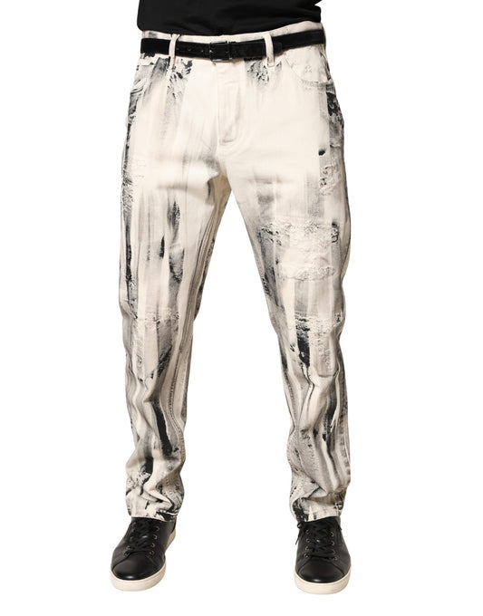 Dolce & Gabbana White Distressed Paint Print Loose Denim Jeans
