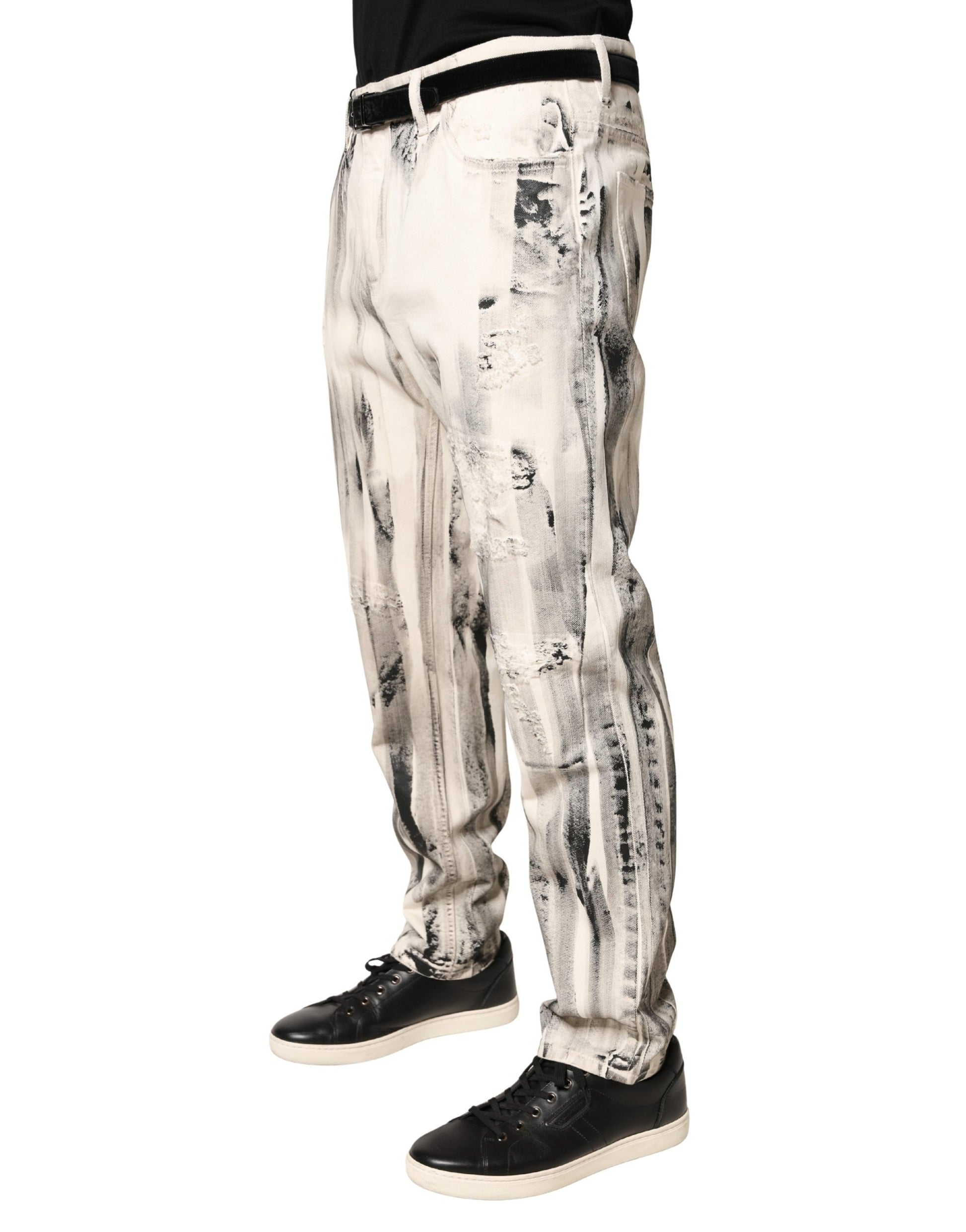 Dolce & Gabbana White Distressed Paint Print Loose Denim Jeans