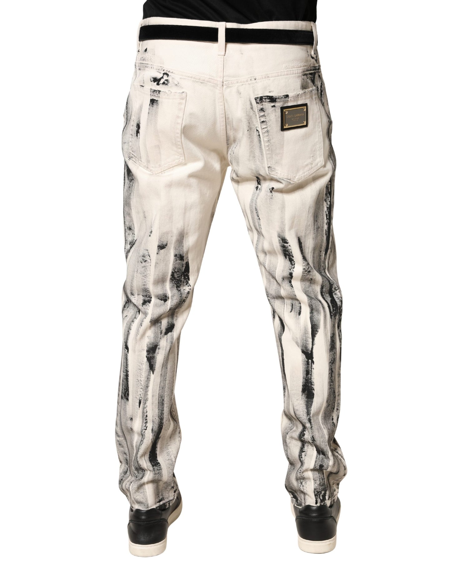 Dolce & Gabbana White Distressed Paint Print Loose Denim Jeans