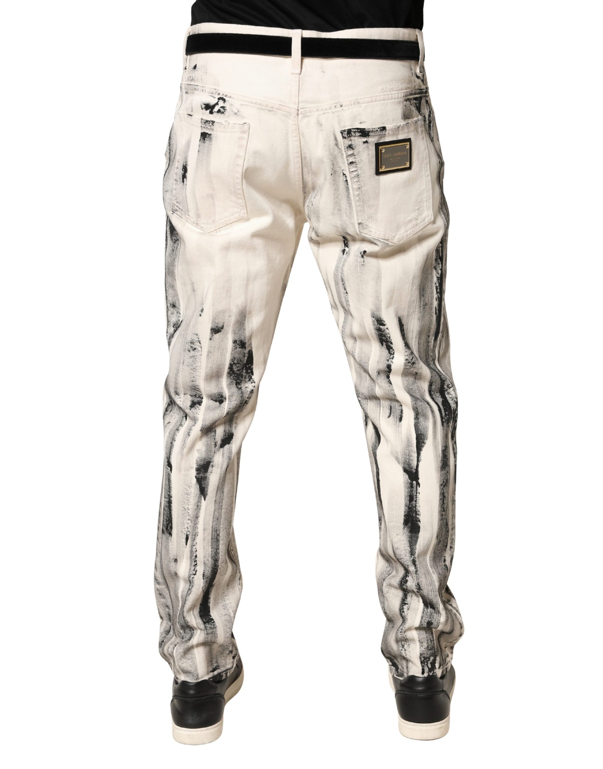 Dolce & Gabbana White Distressed Paint Print Loose Denim Jeans