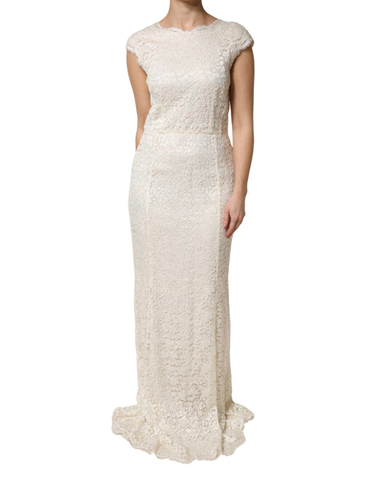 Dolce & Gabbana White Ivory Lace Cap-Sleeve Gown