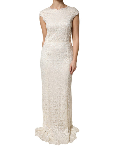 Dolce & Gabbana White Ivory Lace Cap-Sleeve Gown