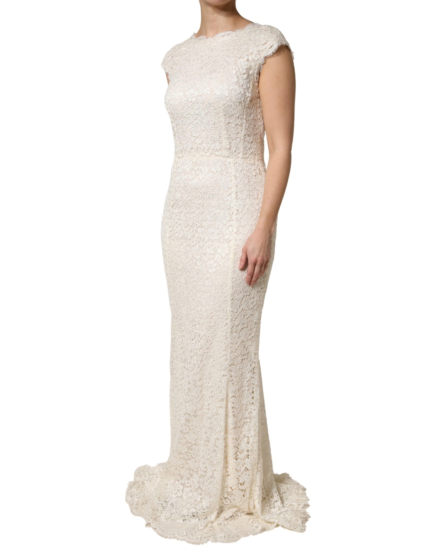 Dolce & Gabbana White Ivory Lace Cap-Sleeve Gown