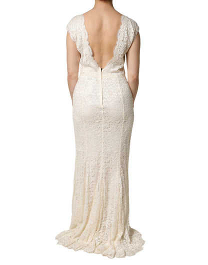 Dolce & Gabbana White Ivory Lace Cap-Sleeve Gown