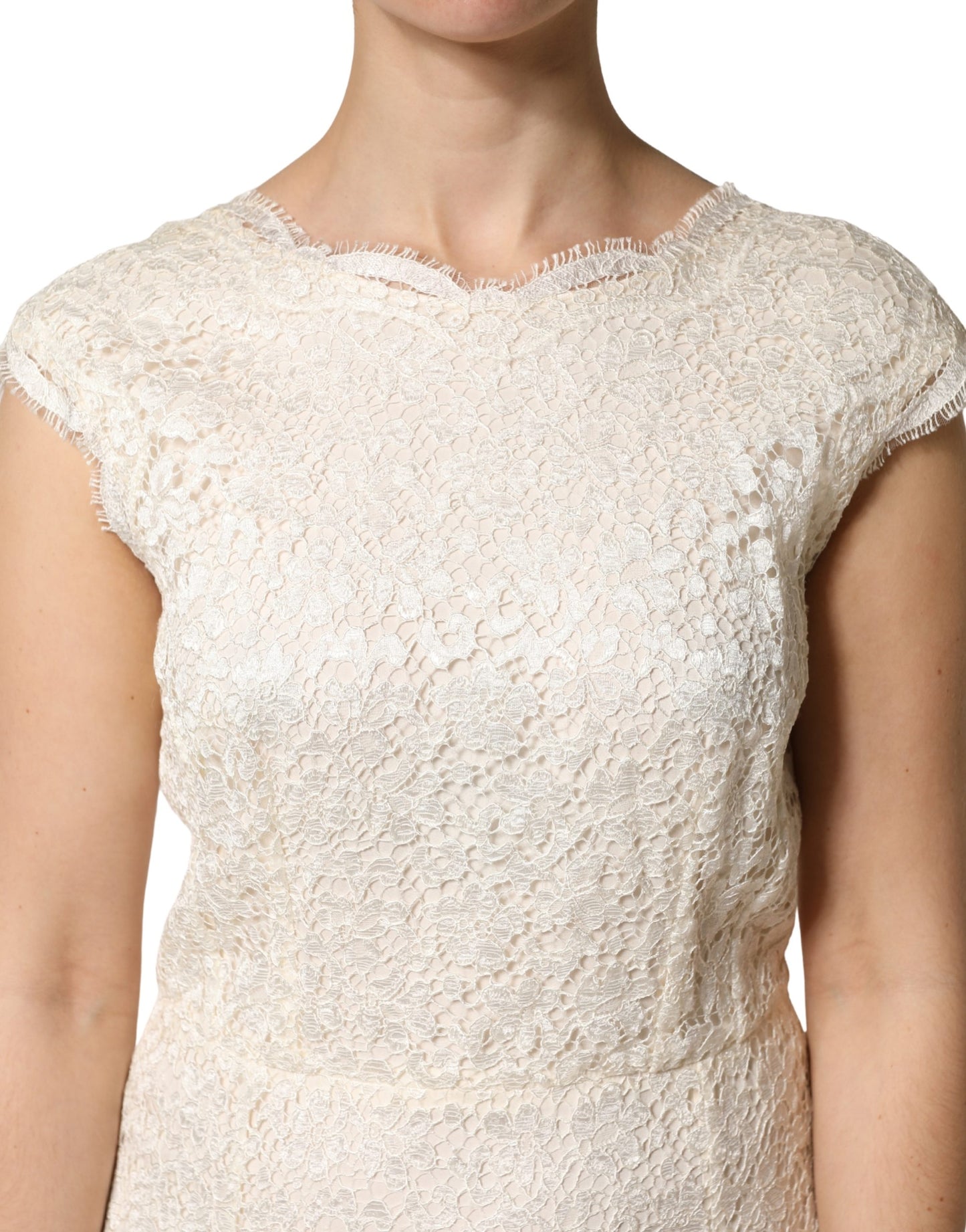 Dolce & Gabbana White Ivory Lace Cap-Sleeve Gown