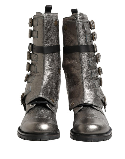Dolce & Gabbana Metallic Silver Combat Biker Boots for Men