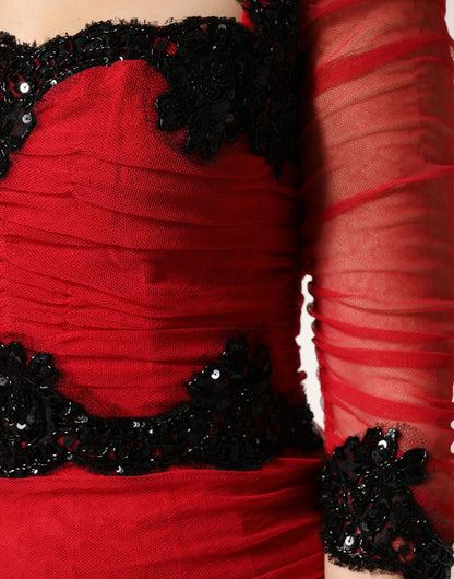 Dolce & Gabbana Red Mesh Trim Bodycon Sheath Midi Dress