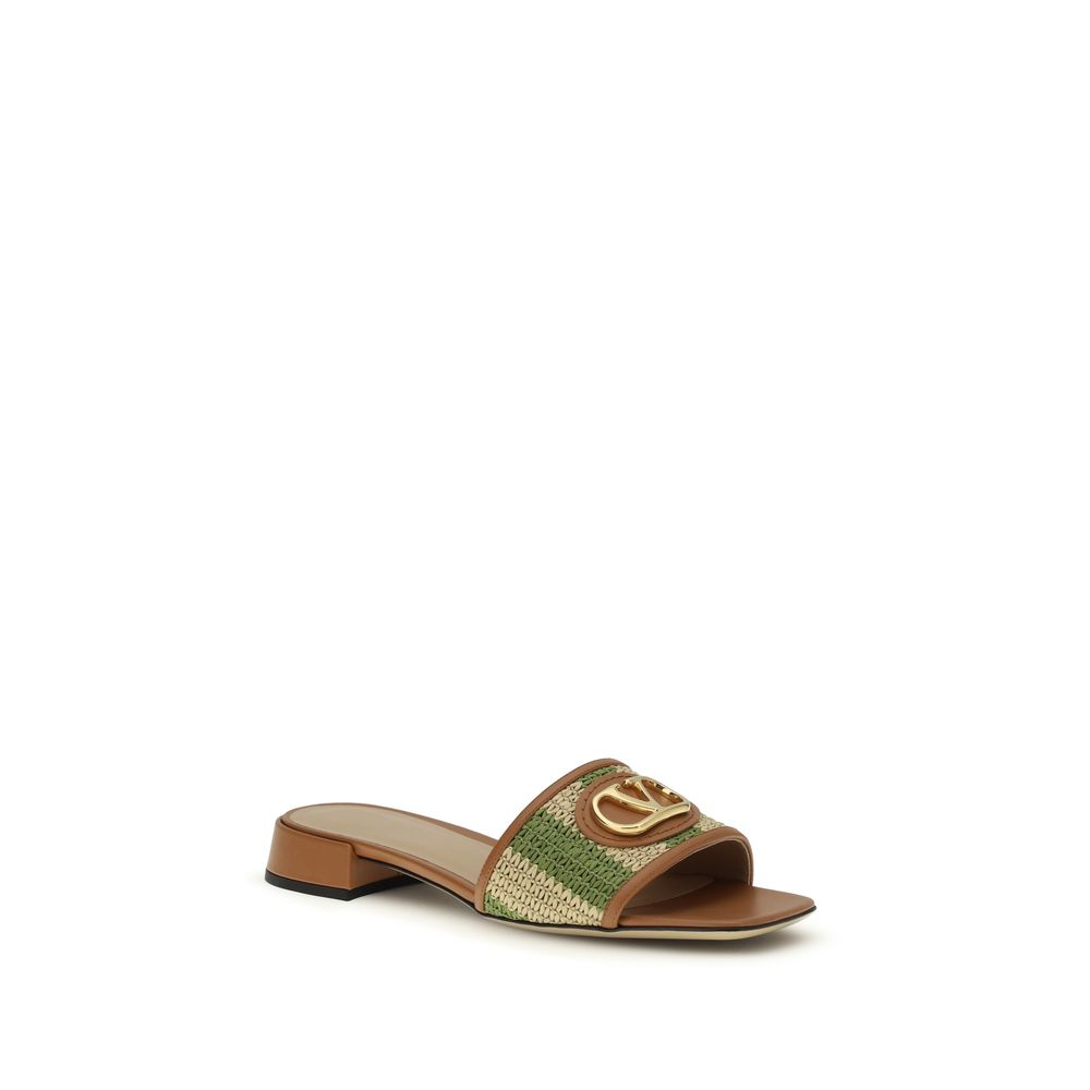 Valentino Garavani VLogo Leather-Trimmed Raffia Slide Sandals