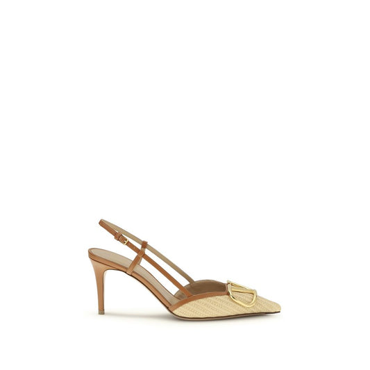 Valentino Garavani Beige Calf Leather VLogo Signature Raffia Slingback Pumps