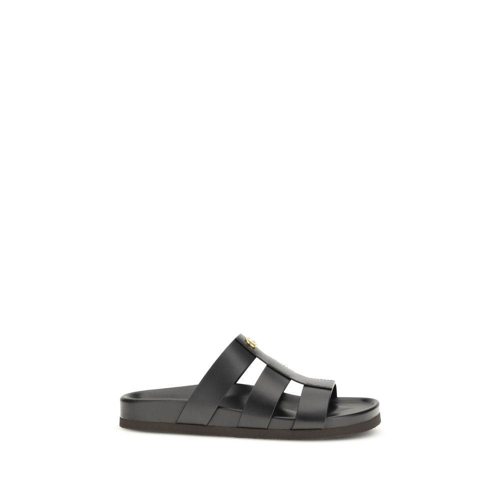 Valentino Garavani Black Leather Studshield Slide Sandals