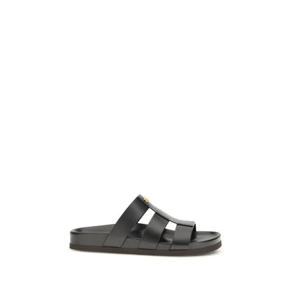 Valentino Garavani Black Leather Studshield Slide Sandals