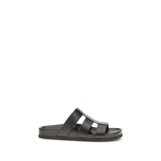 Valentino Garavani Black Leather Studshield Slide Sandals