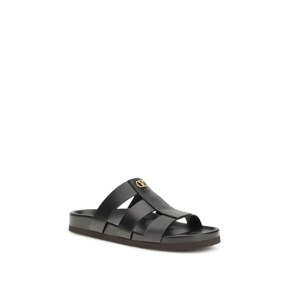 Valentino Garavani Black Leather Studshield Slide Sandals