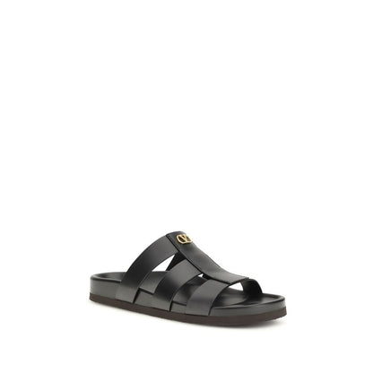Valentino Garavani Black Leather Studshield Slide Sandals