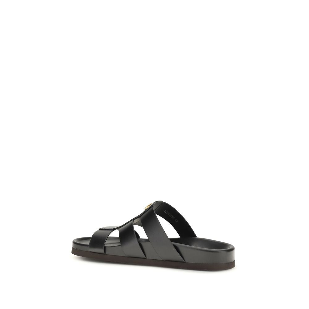 Valentino Garavani Black Leather Studshield Slide Sandals