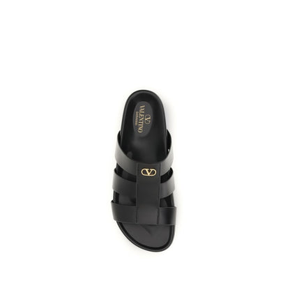 Valentino Garavani Black Leather Studshield Slide Sandals