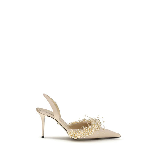 MACH & MACH Beige Silk High Heel Pumps with Pearls