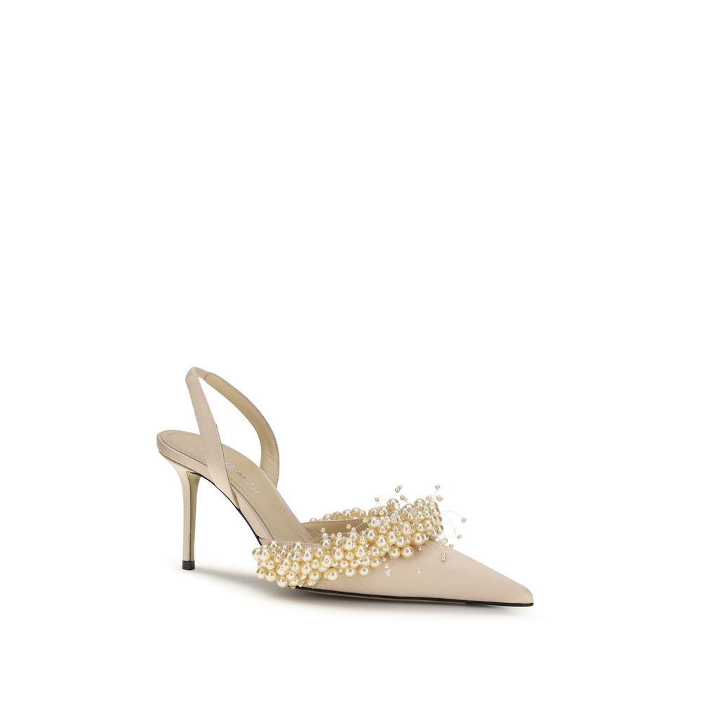 MACH & MACH Beige Silk High Heel Pumps with Pearls