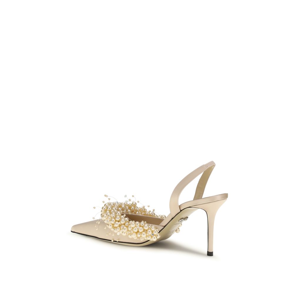 MACH & MACH Beige Silk High Heel Pumps with Pearls