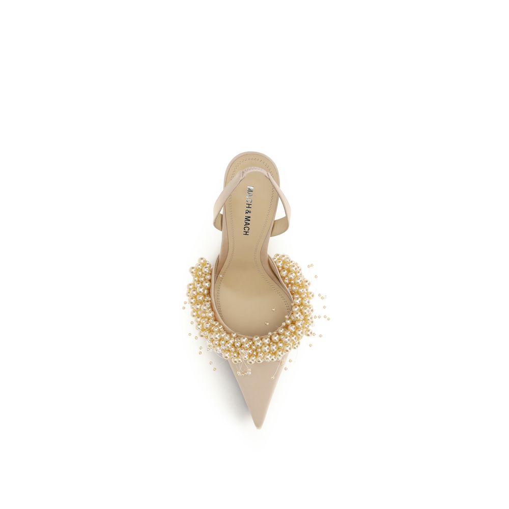 MACH & MACH Beige Silk High Heel Pumps with Pearls