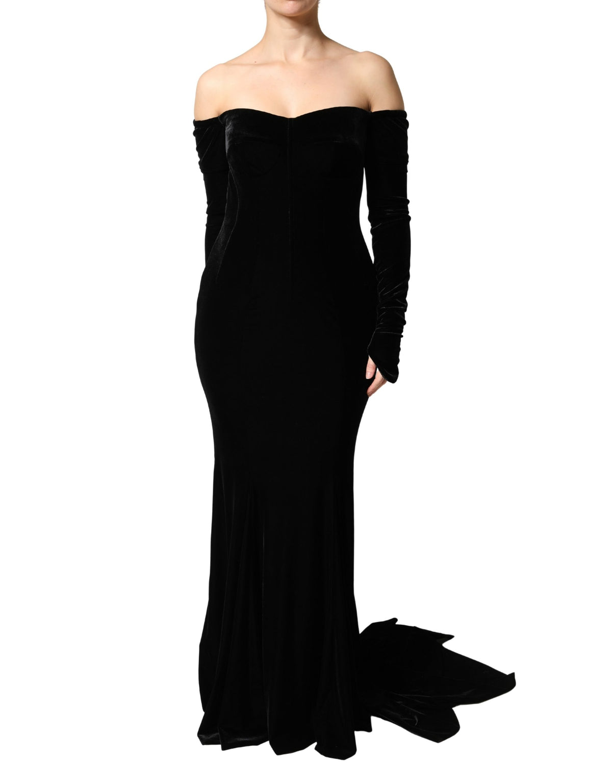 Dolce & Gabbana Black Velvet Off Shoulder Bodycon Maxi Gown Dress
