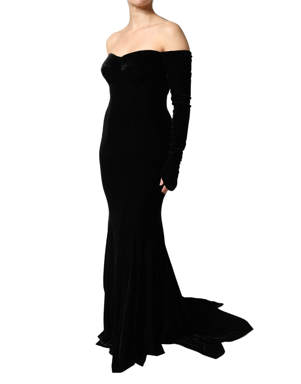 Dolce & Gabbana Black Velvet Off Shoulder Bodycon Maxi Gown Dress