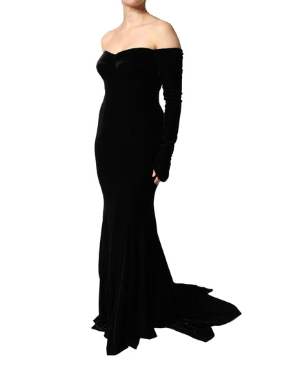 Dolce & Gabbana Black Velvet Off Shoulder Bodycon Maxi Gown Dress