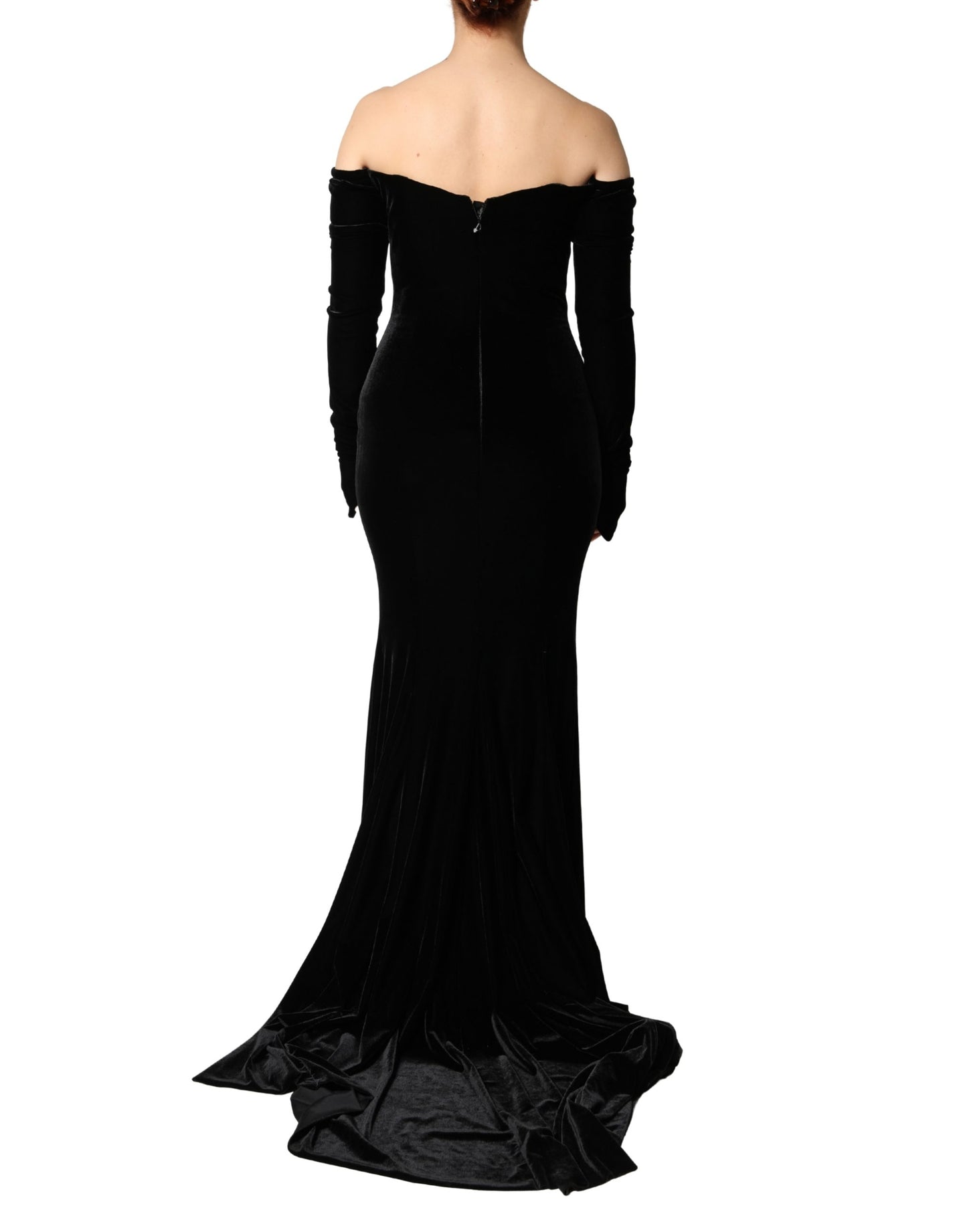 Dolce & Gabbana Black Velvet Off Shoulder Bodycon Maxi Gown Dress