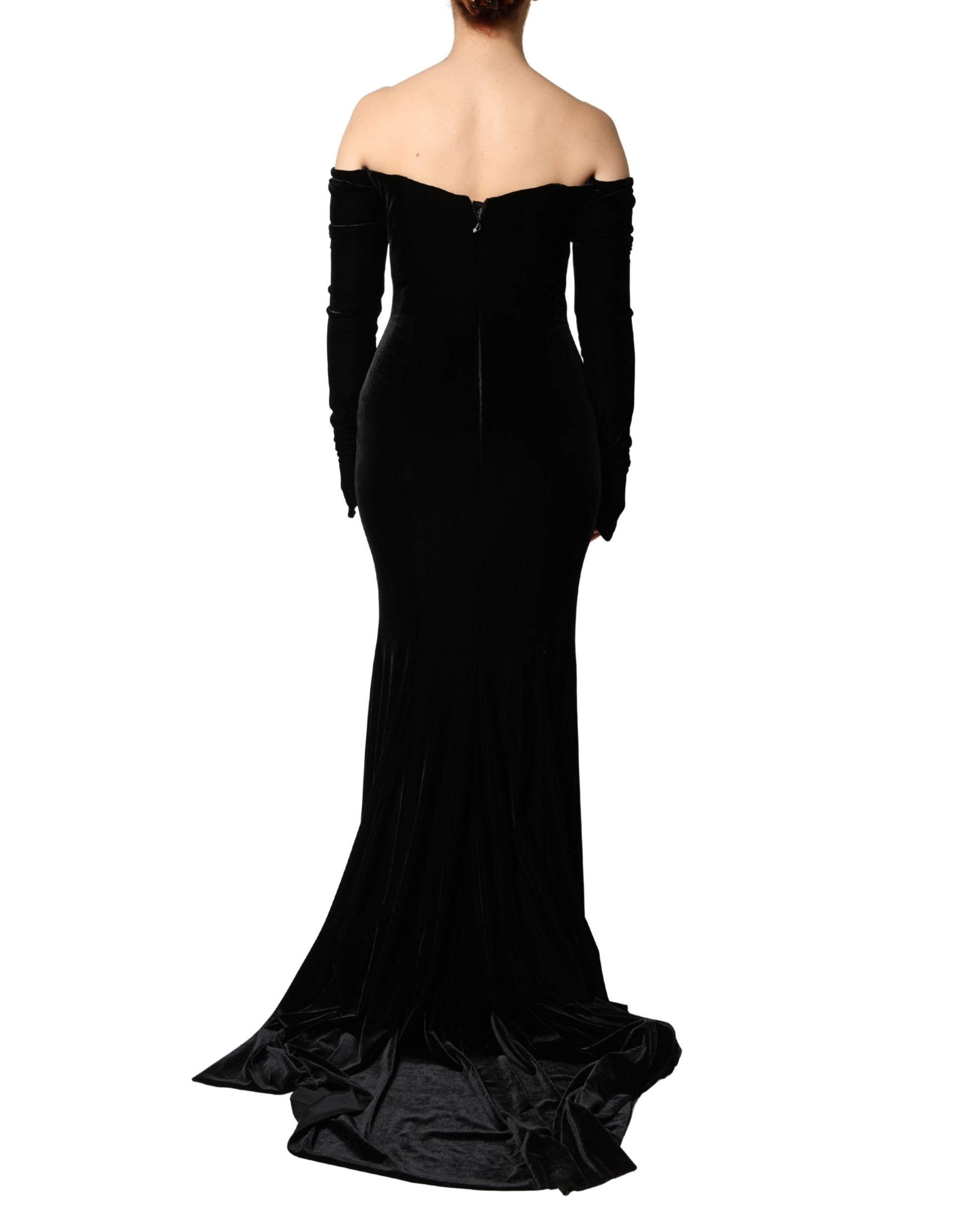 Dolce & Gabbana Black Velvet Off Shoulder Bodycon Maxi Gown Dress
