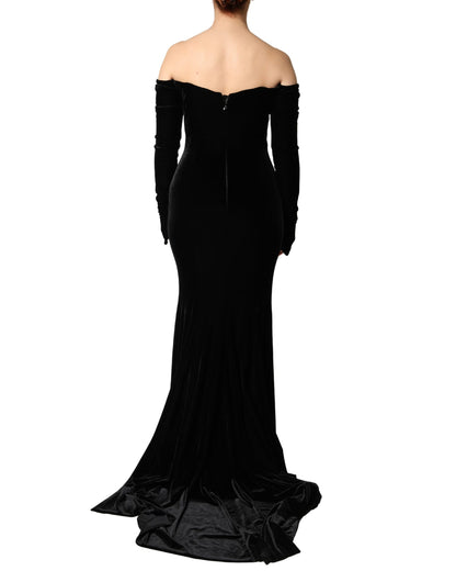 Dolce & Gabbana Black Velvet Off Shoulder Bodycon Maxi Gown Dress