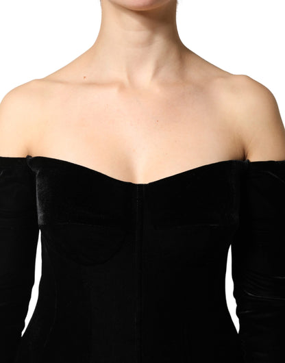 Dolce & Gabbana Black Velvet Off Shoulder Bodycon Maxi Gown Dress