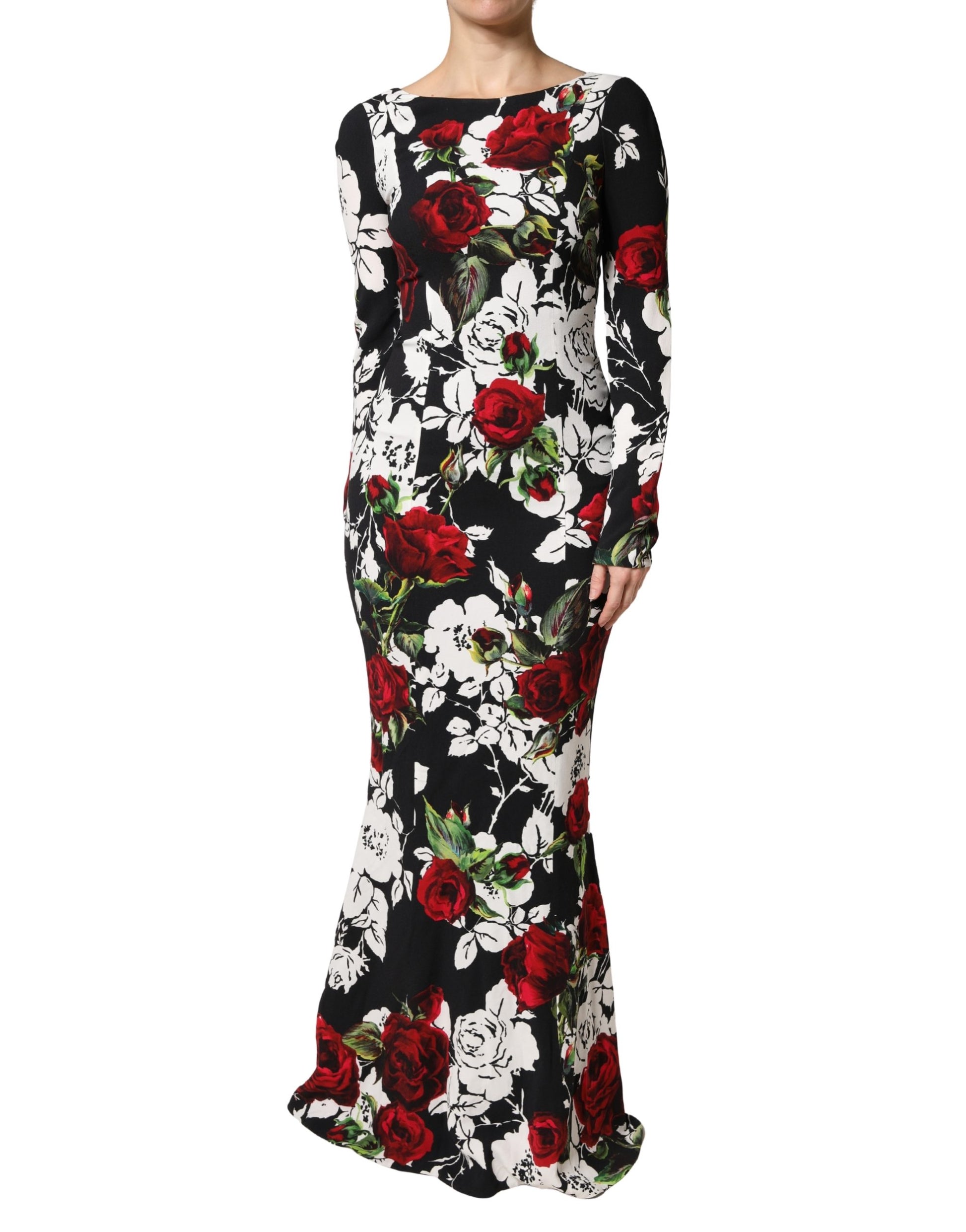 Dolce & Gabbana Black & Red Floral Silk Blend Bodycon Long Sleeved Gown Dress