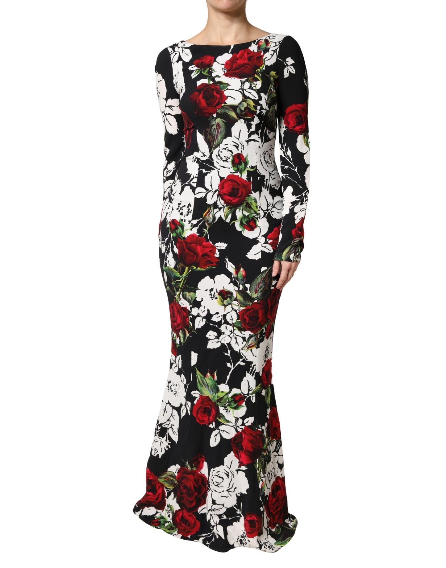 Dolce & Gabbana Black & Red Floral Silk Blend Bodycon Long Sleeved Gown Dress