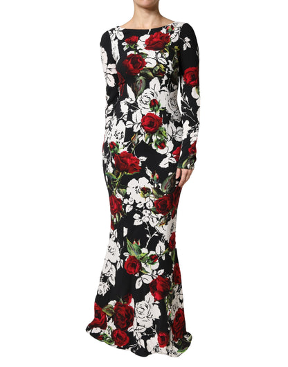 Dolce & Gabbana Black & Red Floral Silk Blend Bodycon Long Sleeved Gown Dress
