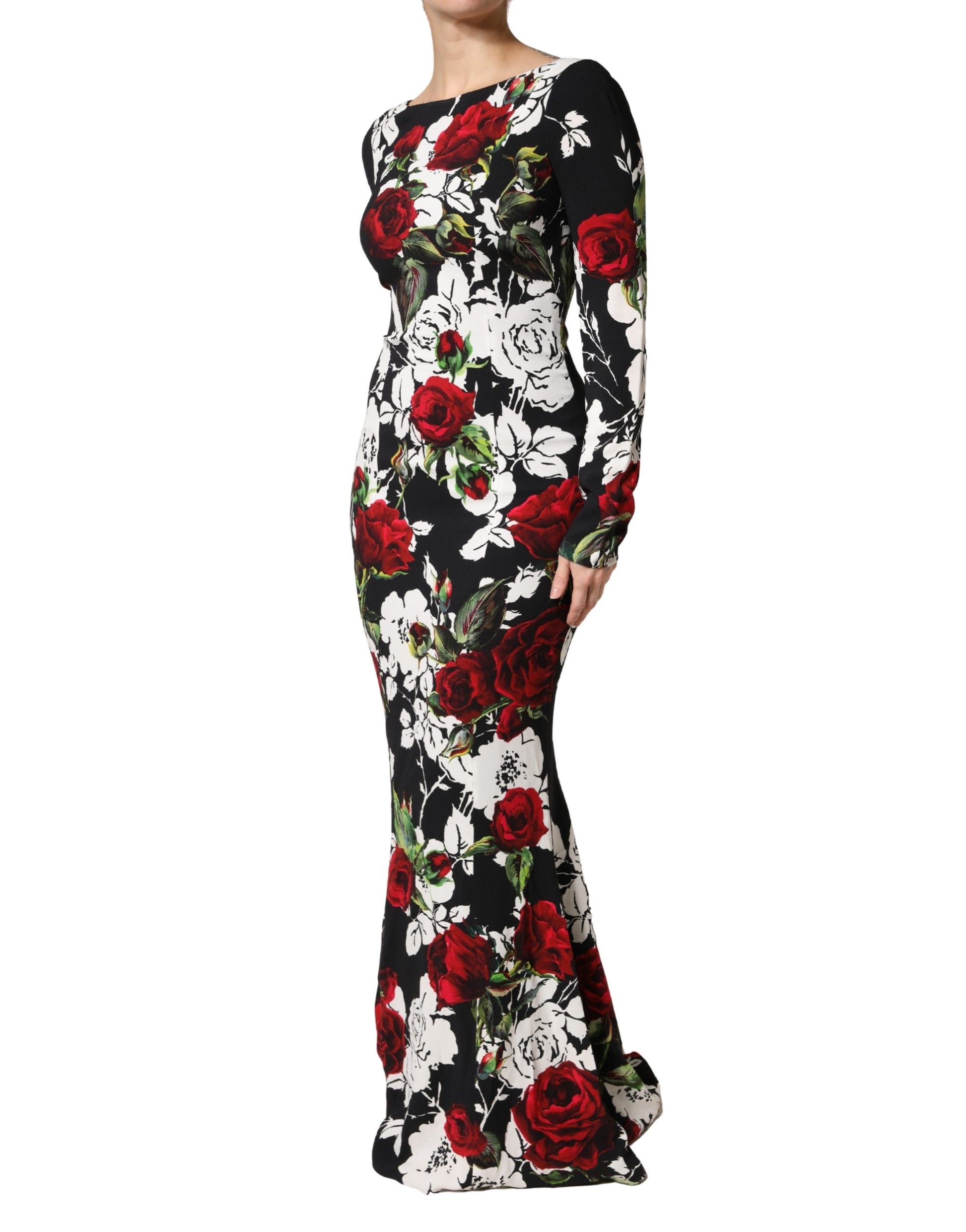 Dolce & Gabbana Black & Red Floral Silk Blend Bodycon Long Sleeved Gown Dress